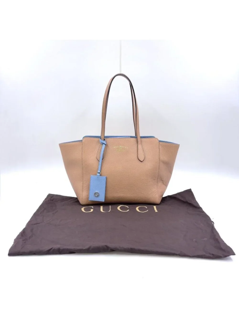 Gucci Swing Leather Beige Light Blue Tote Silver